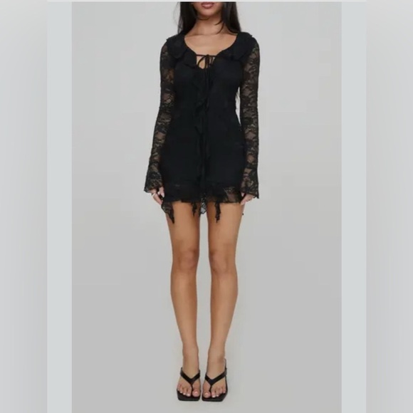 Princess Polly Braun Long Sleeve black lace  Mini Dress sz 4 - Picture 2 of 10